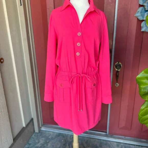 trina turk shirt dress Trina Turk Belted Shirt Dress Size 2 Navy Blue Coral Geometric Stripe Resort